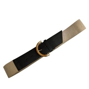 lp blue Belt Womens S/M Tan Black Elastic Wood Buckle Wide Cinch ST52694-2